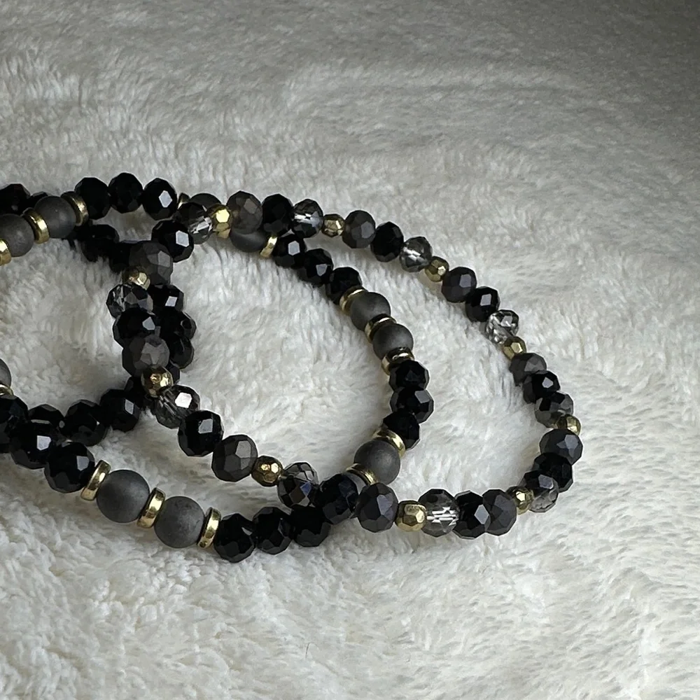 Beaded Bracelet Set of 3 w/Cross Charm on Black & Mirrored Grey & Gold Tone NWOT
